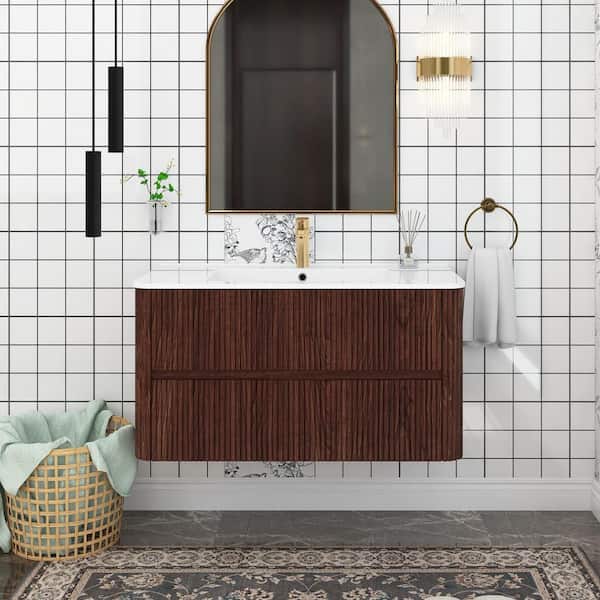 Unbranded 36 in. W Wall-Mounted Bath Vanity in Deep Walnut with White Ceramic Top