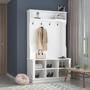 White Painted Coat Rack with Bench and Storage Cubbies