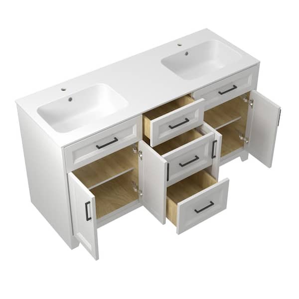 60 in. W x 22 in. D x 34 in.H Double Sink Freestanding Bath Vanity in White Bathroom Vanity Cabinet with White Resin Top