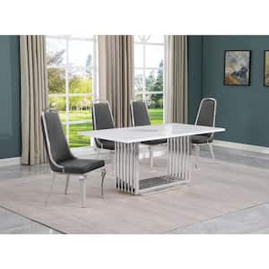 Lisa 5-Piece Rectangular White Marble Top Chrome Base Dining Set with Dark Gray Velvet Chairs Seats 4.