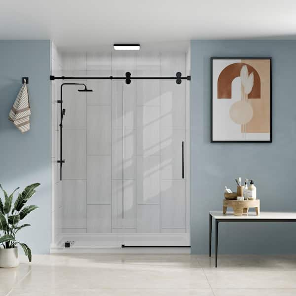 32 in. L x 60 in. W x 96 in. H Alcove Shower Stall/Kit Sliding Door in Matte Black with Right Drain and Striped Bricks