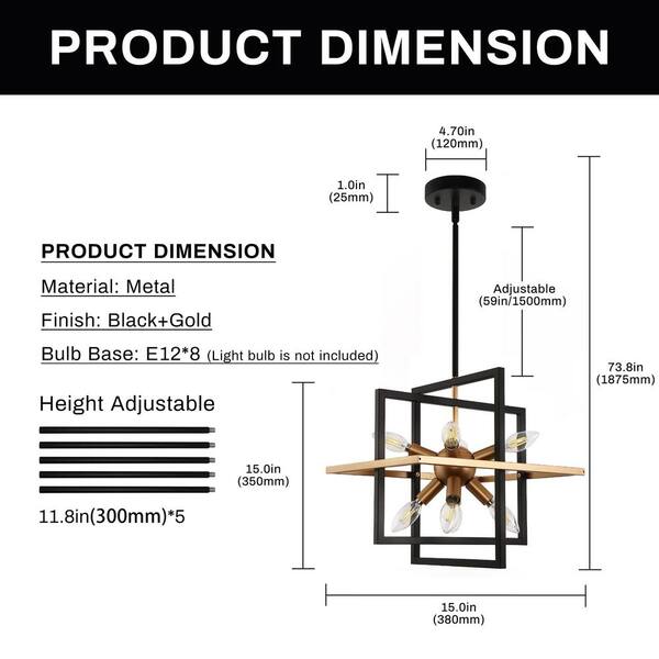 Emeritpro 15 In. 8-Light Black Gold Iron Frame Sputnik Chandelier