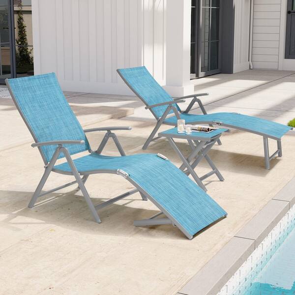 Crestlive Products 3-Piece Metal Outdoor Chaise Lounge 2-Folding Chairs and Side Table 8-Position Adjustable Backrest Textilene in Blue