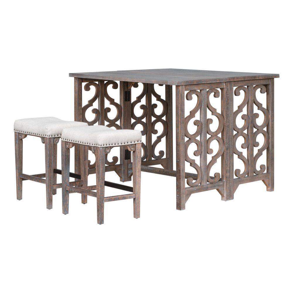 3Piece Retro Brown Solid Wood Top Counter Height Dining Set with 2