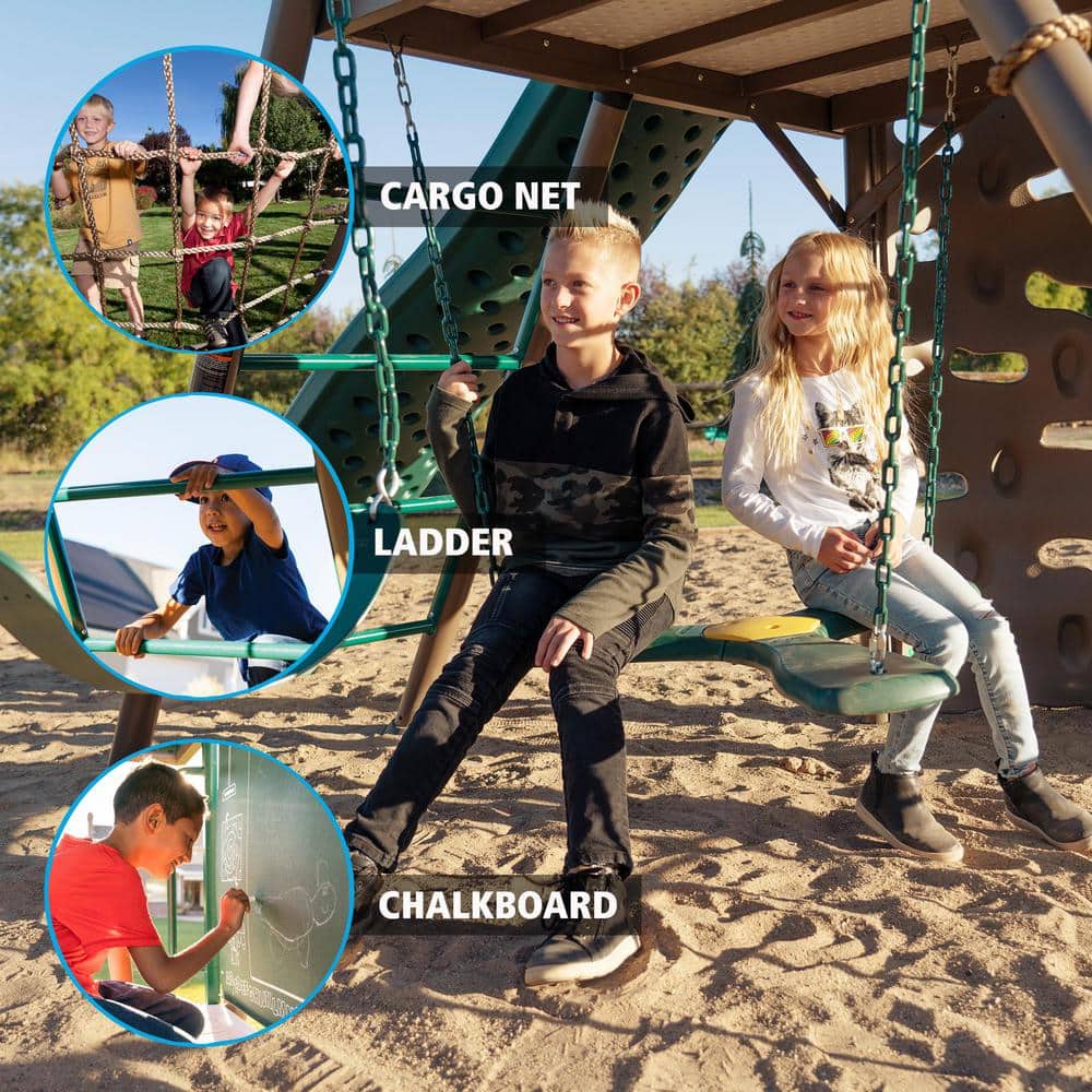 Lifetime Green and Brown Metal Swing Set with Slide and Climbing Wall