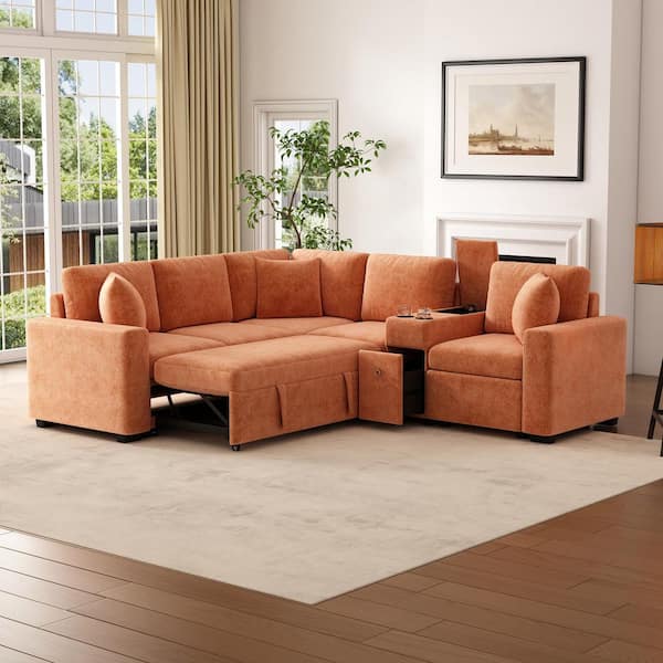 Luxury Collection 120.5 in. Square Arm 4-Piece L-Shaped Chenille Modular Sectional Sofa Bed in Orange with Storage