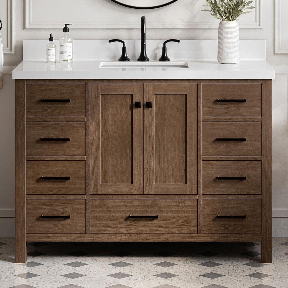 Cambridge 48 in. Single Sink Freestanding Bathroom Vanity in Brown Oak with Pure White Quartz Top price history on PriceWatchPro