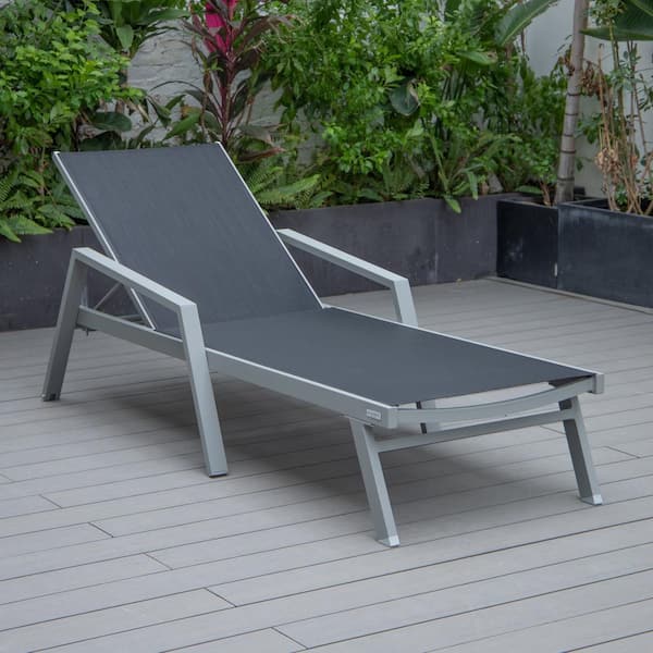 Leisuremod Marlin Outdoor Patio Chaise Lounge Chair with Arms in Grey Aluminum Reclining Backrest Mesh Sling Seat in White