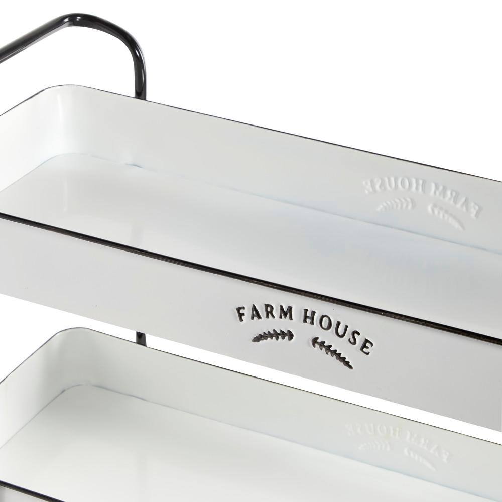 White Metal Rolling Utility Cart with Black Accents and Farmhouse Design