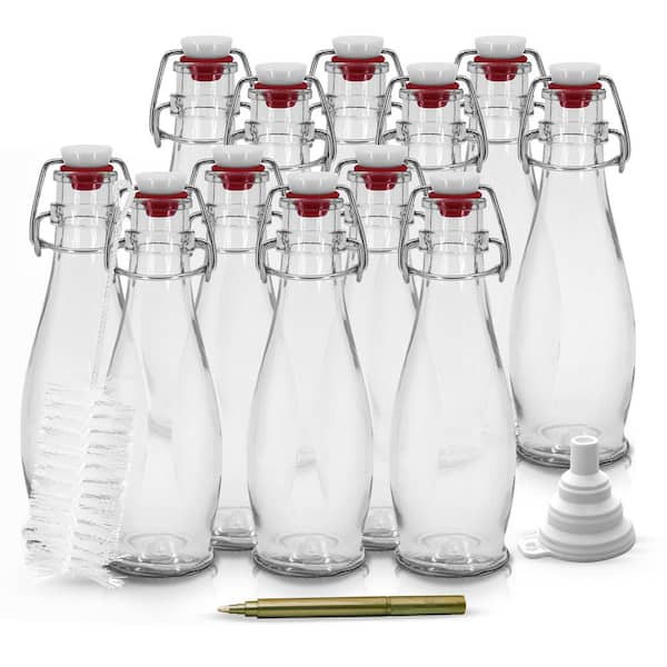 Nevlers 8.5 oz. Clear Glass Bottles with Swing Top Stoppers, Bottle Brush, Funnel, and Gold Glass Marker (Set of 12)