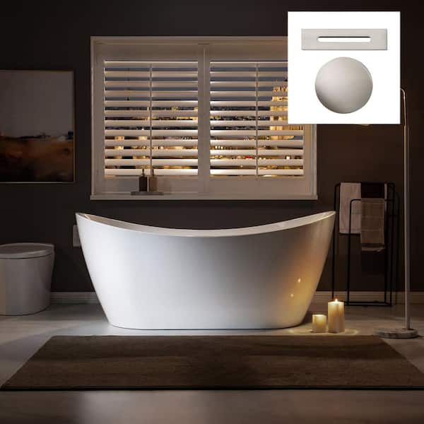 WOODBRIDGE Calhoun 67 in. Acrylic FlatBottom Double Slipper Bathtub with Brushed Nickel Overflow and Drain Included in White
