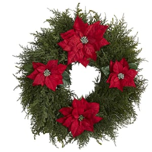 24 in. Cedar and Poinsettia Artificial Wreath