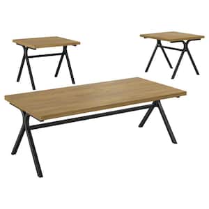 Colmar 47.25 in. W Golden Oak and Gunmetal Rectangle Wood Top Trestle Occasional Coffee Table Set (3-Piece)