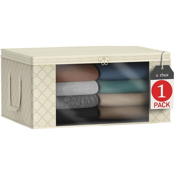 Foldable Storage Bag Organizers with Clear Window and Handles, Beige 19 in. x 7.5 in. Fabric Decorative Box Set of 1
