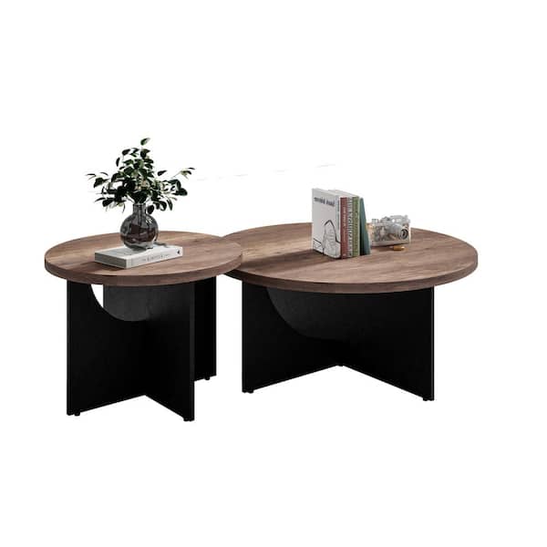 Zeus & Ruta 35 in. Rustic Brown Particle Board Wood Retro Round Outdoor Coffee Table for Living Room and Bedroom