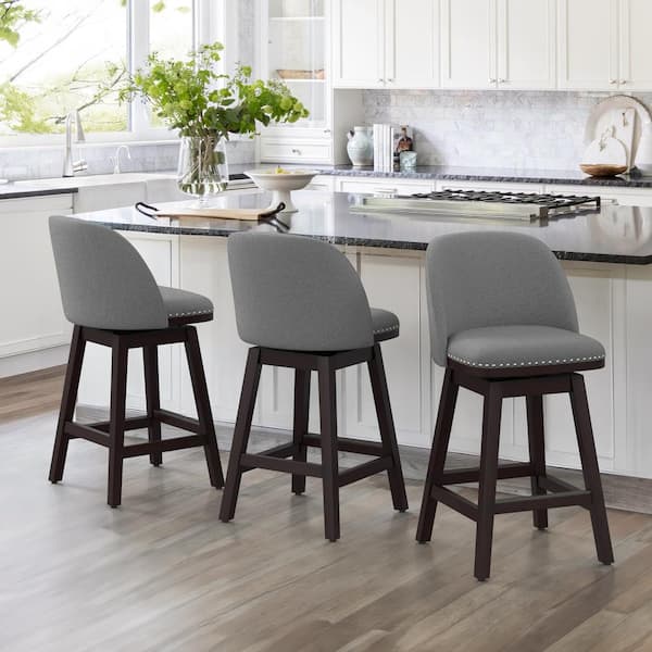 cozyman 26 in. Gray Wood Frame Fabric Swivel Cushioned Bar Stool, Swivel Counter Stool (Set of 3)