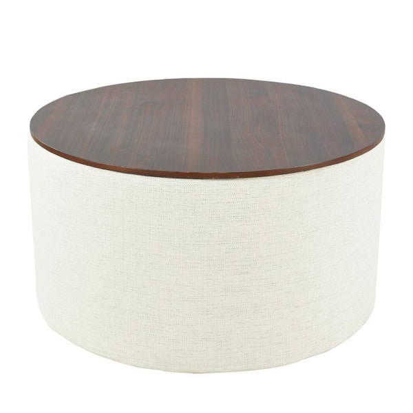 Mesy Ivory and Walnut Brown Fabric Round Storage Ottoman