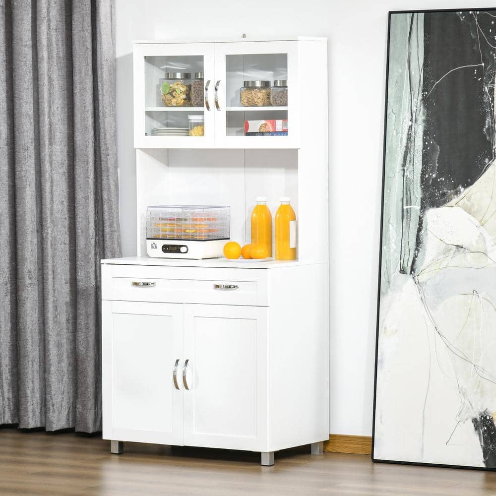 Modern White Kitchen Hutch with Glass Doors and Ample Storage