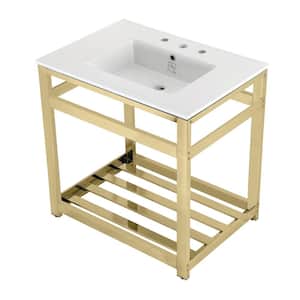 31 in. Ceramic Console Sink (8 in. in 3-Hole) with Stainless Steel Base in Polished Brass