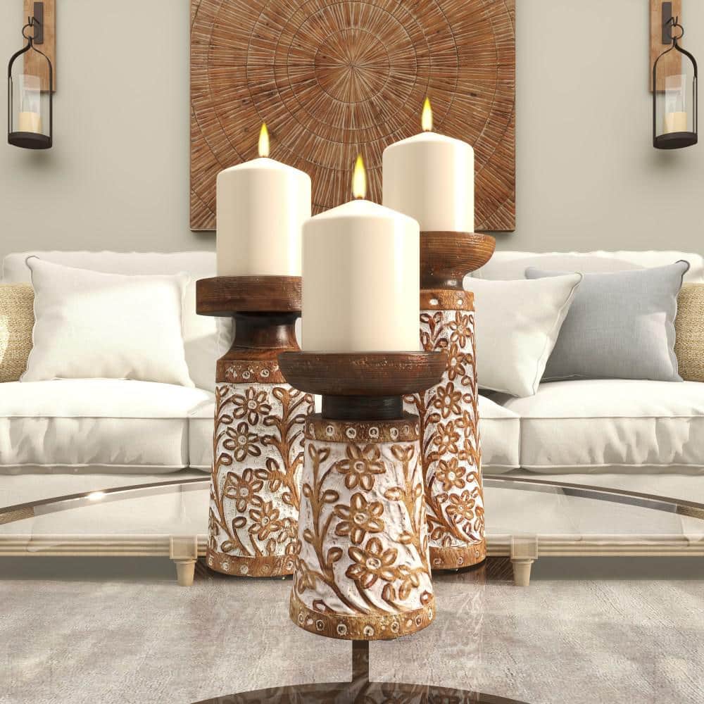 Coastal Charm Mango Wood Carved Pillar Candle Holders, Set of 3