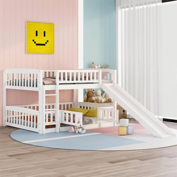Harper & Bright Designs White Full over Full Wooden Low Bunk Bed with Fence, Slide, and Ladder
