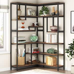 Eulas 75 in. Tall Brown Engineered Wood 6-Shelf Corner Bookcase Tall Corner Bookshelf Display Shelf for Living Room