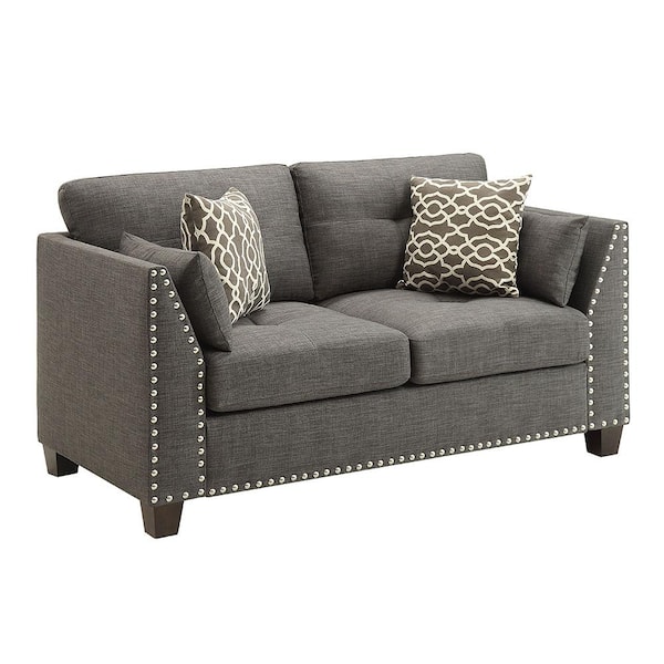 Acme Furniture Laurissa 59 in. Light Charcoal Solid Linen 2-Seater Loveseat with Nailhead Trim
