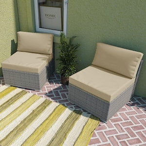 2-Piece Armless Wicker Outdoor Patio Conversation Seating Sofa Set with Cushion, Beige
