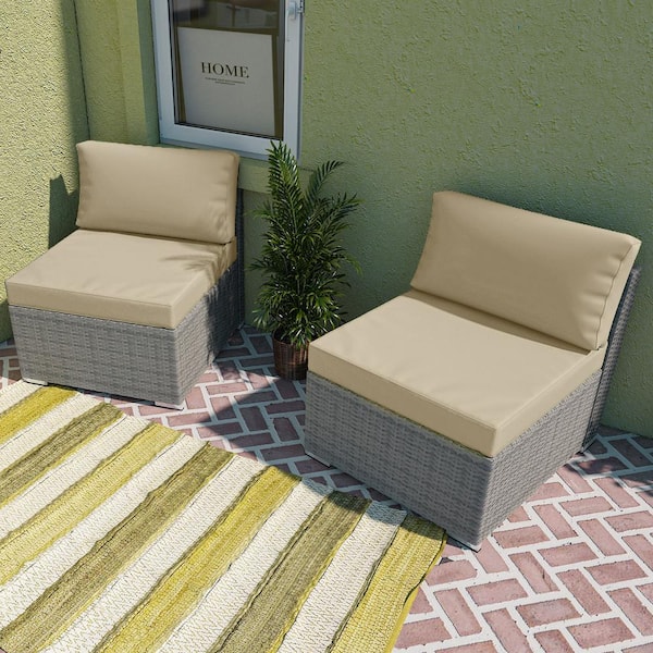 EAGLE PEAK 2-Piece Armless Wicker Outdoor Patio Conversation Seating Sofa Set with Cushion, Beige
