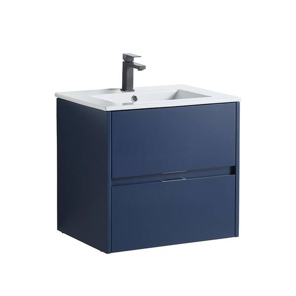 VANITYFUS 24 in. W x 18 in. D Bath Vanity in Navy Blue with Vanity Top in White with White Basin