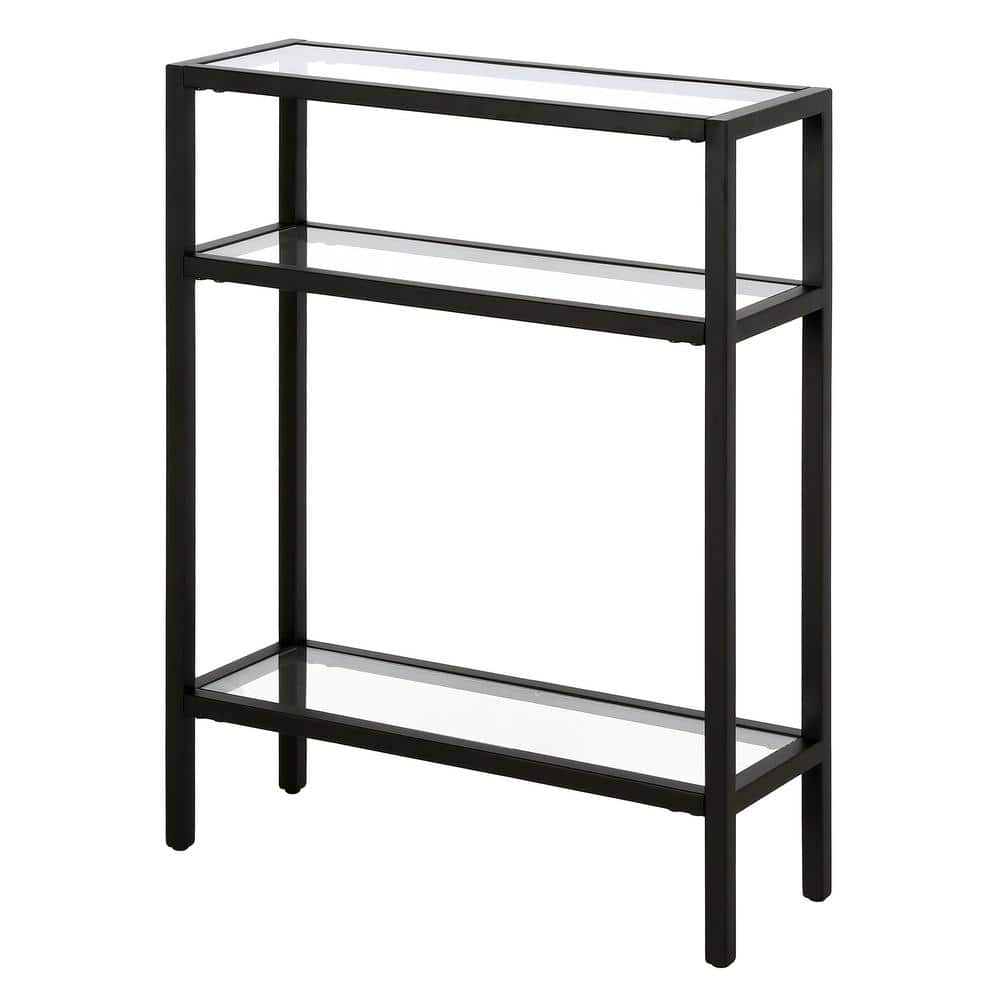 Compact Blackened Bronze 22" Metal & Glass Console Table with Shelves
