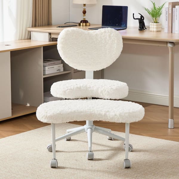 Faux Fur Ergonomic Adjustable Height Swivel Task Chair in Beige with Wheels and Footrest