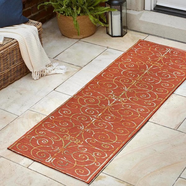 JONATHAN Y Danae Cottage Filigree Scroll Reversible Machine-Washable Cream/Terra 2 ft. x 8 ft. Indoor/Outdoor Runner Area Rug