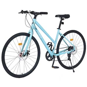 27 in. Men Women's City Bicycle, 7-Speed Hybrid Bike, Light Blue