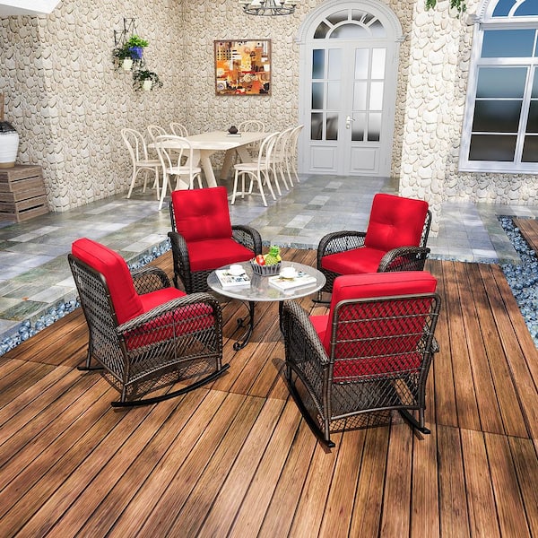 INMITOM 4-Piece Wicker Outdoor Rocking Chair Lounge Chair Patio with Red Cushion