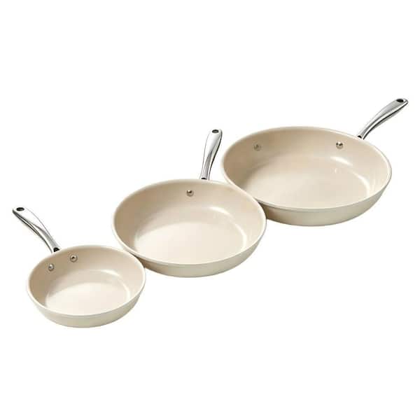 10 in. Ceramic Nonstick Skillet Set in Beige White with Lid, 3-Pack Aluminum and Stainless Steel Cookware Frying Pan Set