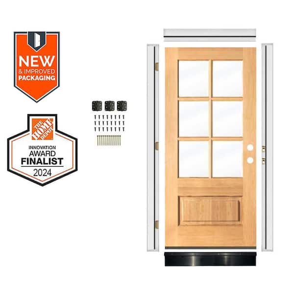 36in.x80in. Farmhouse LH 6-Lite Clear Glass Clear Stain Hemlock Wood AssemblyRequired Front Door Kit w/QuickAssembleJamb