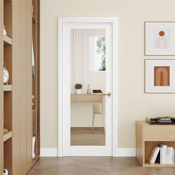 30 in. x 80 in. 1-Lite Mirrored Glass Solid Core White Primed MDF Composite Wood Interior Door Slab for Bathroom