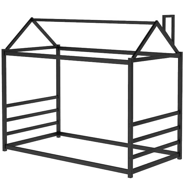 Black Metal Frame House Twin Platform Bed with Roof and Chimney Design