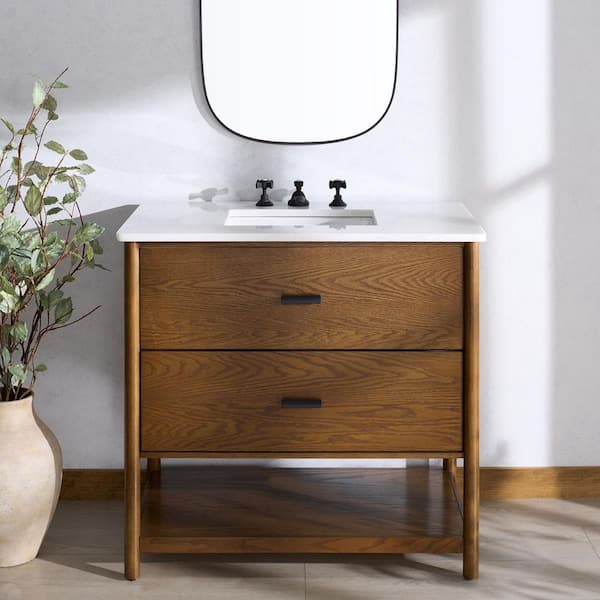 Jaylessa 36 in. Single Sink Medium Oak Bath Vanity with White Marble Top