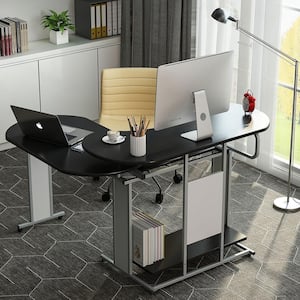 64 in. L-Shaped Black Computer Desk Wood Rotating Corner Desk and Modern Office Study Workstation