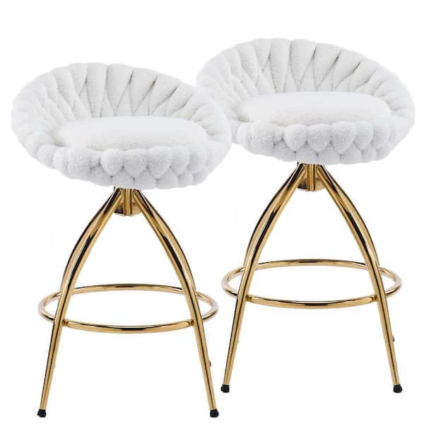 2pcs White Teddy Velvet Woven Styling Cushion Electroplated Gold Iron Feet with Swivel Bar Stool