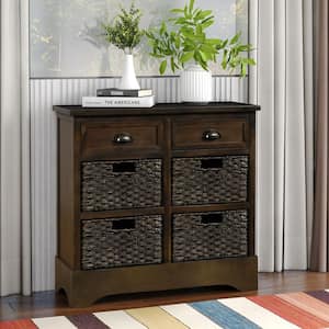Dark Brown Rustic Storage Cabinet with 2-Drawers and 4-Classic Fabric Basket