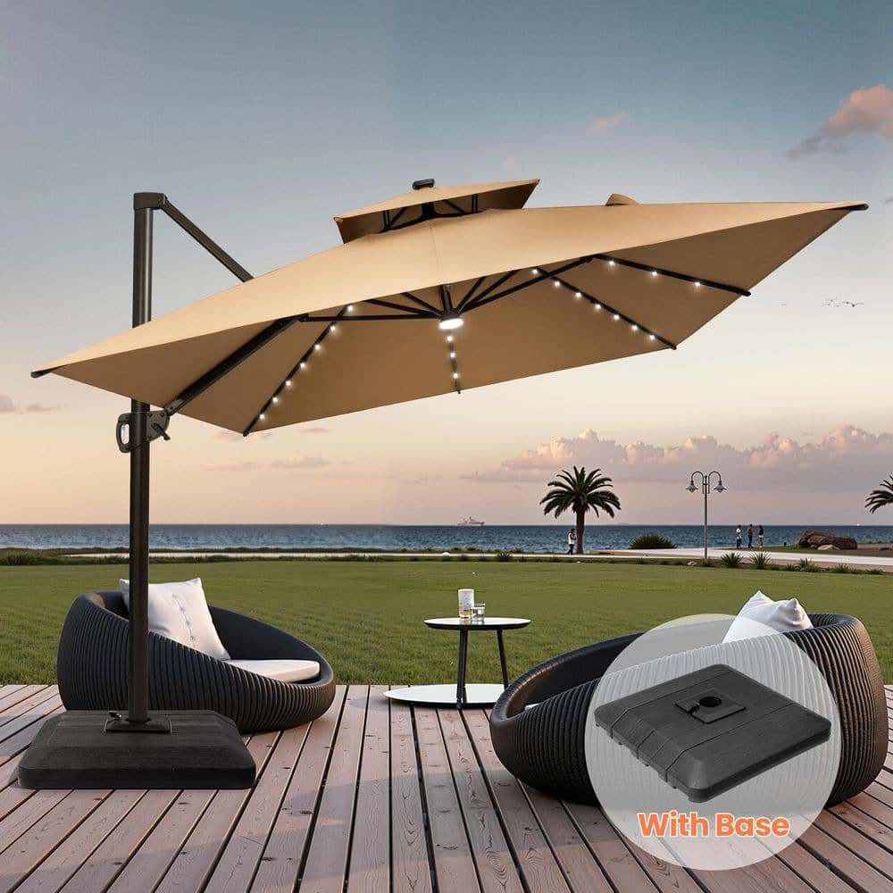 11 ft. x 9 ft. Outdoor Cantilever Umbrella with 240 lbs. Stand Double Top Patio Umbrella with Solar LED fits Lawn in Tan price history on PriceWatchPro