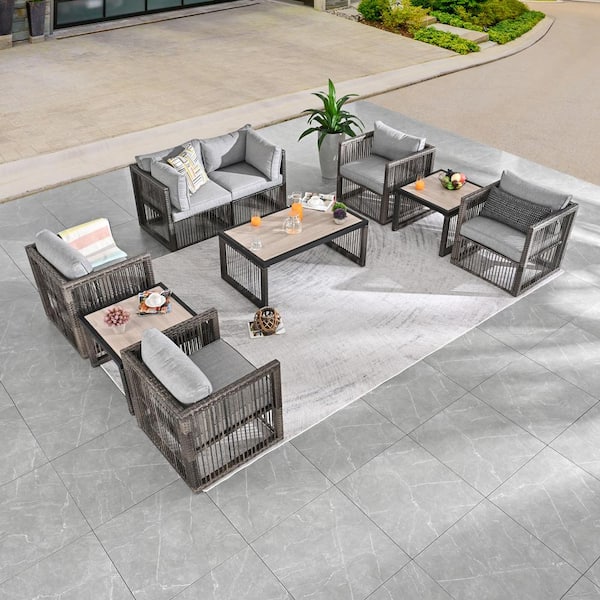Patio Festival 9-Piece Wicker Patio Conversation Deep Seating Set with Gray Cushions
