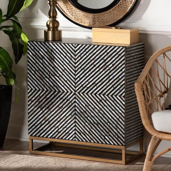 Baxton Studio Belenus Striped Black and Grey Mother of Pearl Storage Cabinet
