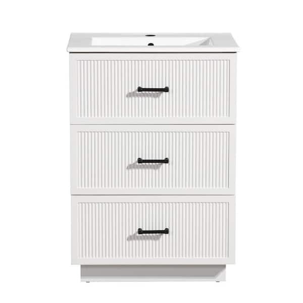 EPOWP 24 in. W x 18.25 in. D x 34.13 in. H Single Sink Freestanding Bath Vanity in White with White Ceramic Top and Storage