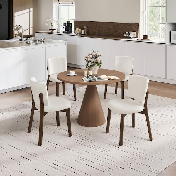 Modern Beige Fabric Upholstered Side Chair Solid Wood Dark Brown Legs Dining Chair for Kitchen or Dining Room (Set of 4)