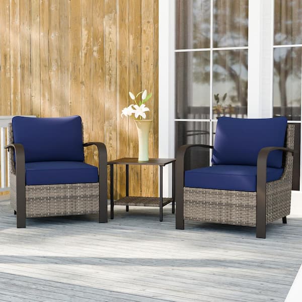 EAGLE PEAK 3-Piece Wicker Patio Outdoor Lounge Chair Set with Blue Cushions and Side Table