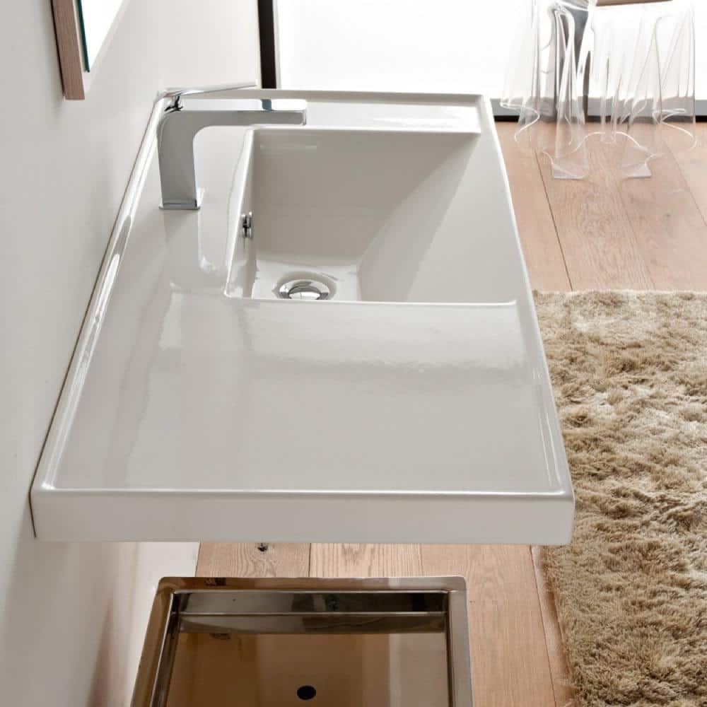 Glossy White Ceramic Rectangular Wall-Mount Bathroom Sink